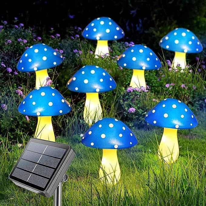 Mushroom Solar Lights Outdoor, Waterproof Mushroom Landscape Lights 8 Lighting Modes Mushroom Garden Fairy Lights (Blue, 3 Pack)