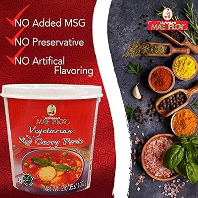 Mae Ploy Vegetarian Red Curry Paste with Authentic Thai Spices Like Shallots, Chili, Lemongrass, Galangal, Kaffir Lime, Garlic, No MSG, Preservatives Or Artificial Coloring (35 oz Tub)