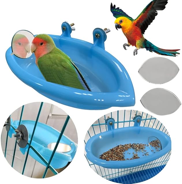 Upgraded Bird Bath Tub Bowl Basin with Rotatable Double-Sided Mirror Hanging Birdbath Toy Pet Cage Water Shower Food Feeder for for Small Birds Parrot Budgie Parakeet Cockatiel Cage Accessory