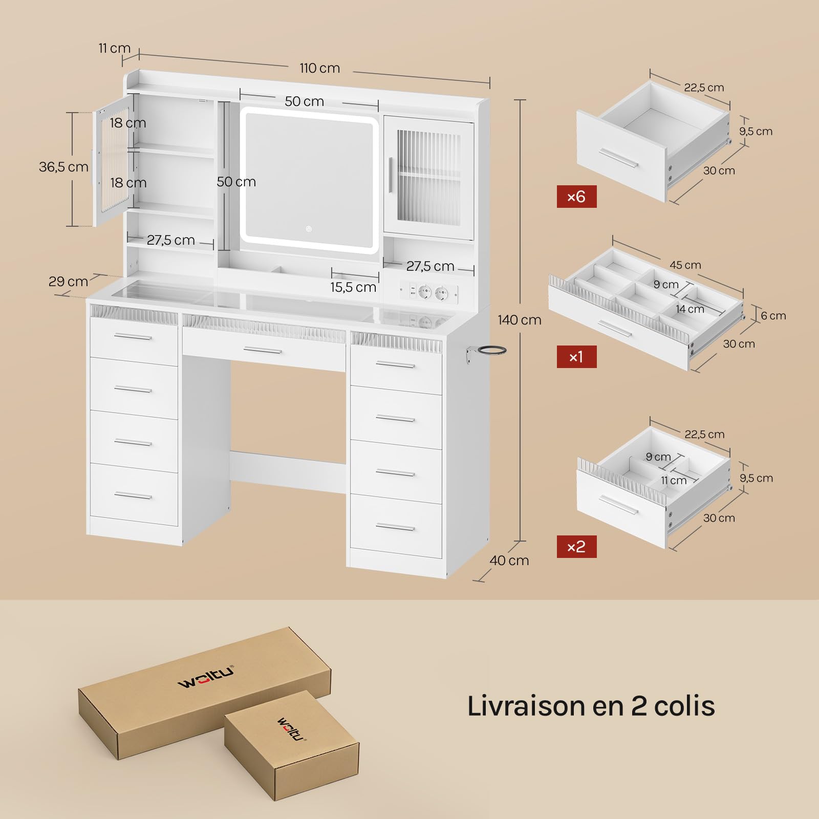 WOLTU Coiffeuse avec Miroir LED Réglable et Éclairage RGB, Grande Coiffeuse avec Plateau en Verre, 9 Tiroirs, Prise de Courant, 2 Placards avec Portes, Table de Maquillage Moderne pour Chambre, Blanc