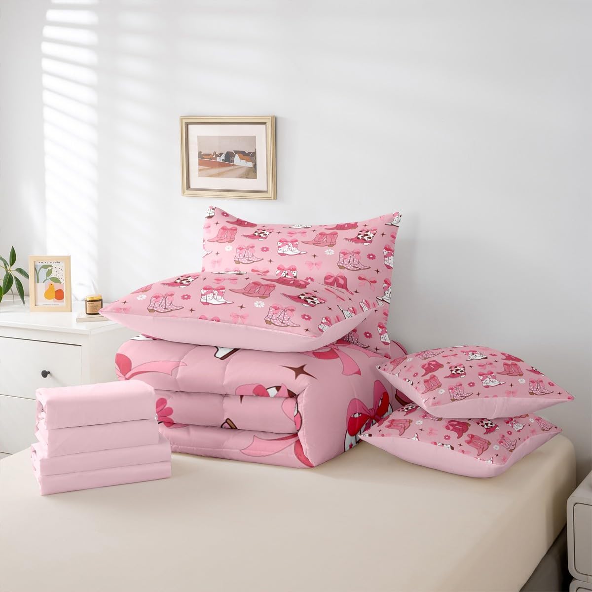 Erosebridal Western Bow Comforter Set with Sheets Cowgirl Pink Bow 7-Piece Bedding Set Twin Size Cartoon Stars Flowers Bed in A Bag Teen Girl Vintage Western Hat Boot Bedding Comforter Sets