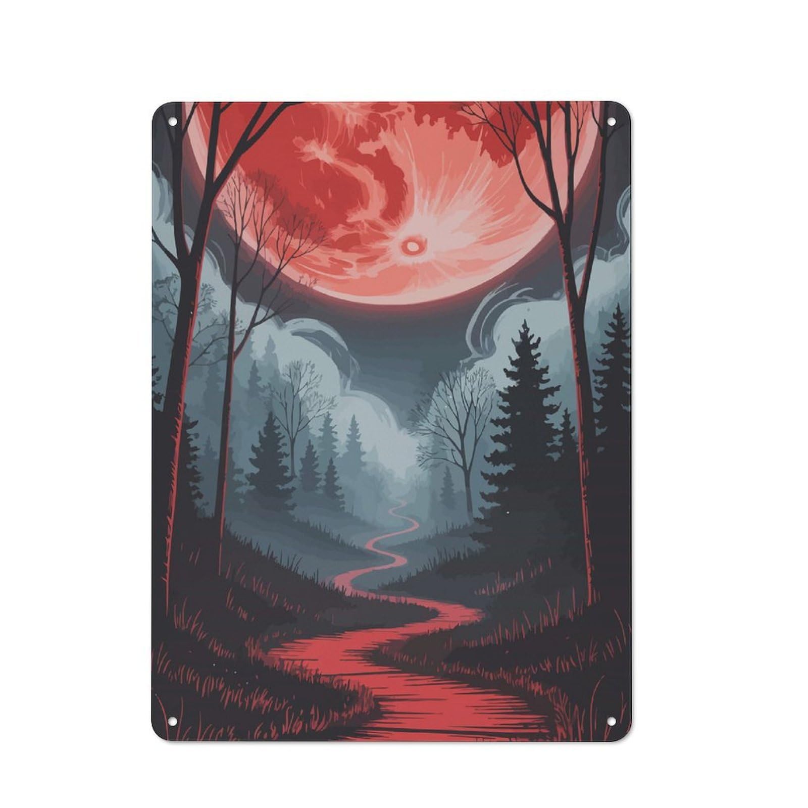 Red Moonlit Forest Path Clean Industrial Metal Wall Decor 40x30cm, Decorative Metal Plaque for Workspace, Cafe, Hallway Or Garage