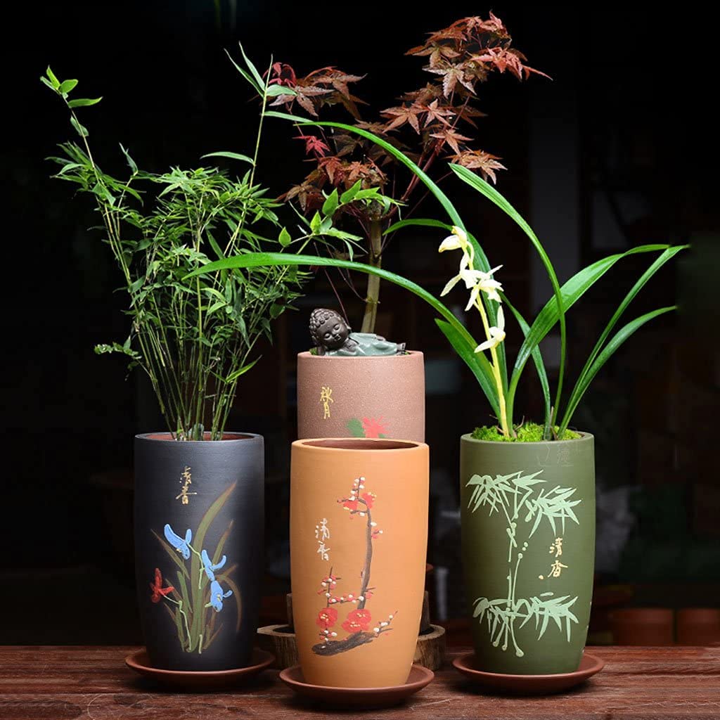 Ceramiczna doniczka z tacą, 20 cm okrągły wewnętrzny pojemnik na rośliny na zewnątrz, bonsai i doniczka na kaktus z otworem drenażowym, chiński styl do domowego ogrodu