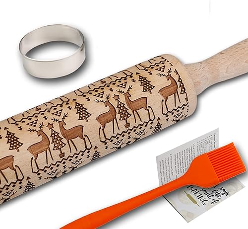 Rodillos de Navidad en relieve para hornear galletas, transferencia de renos, rodillo de madera en relieve de haya, alce cortado con láser, grabado
