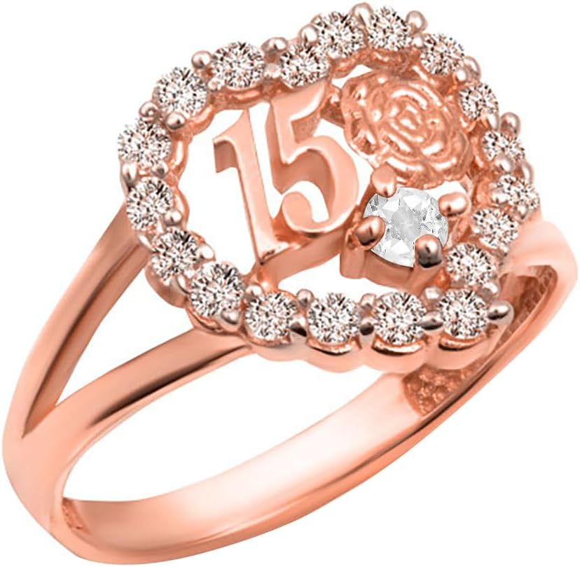 Claddagh Gold 10K or 14K Two-Tone 15 Anos Quinceanera Birthstone Heart Rose CZ Flower Love Ring Available in Yellow Rose and White Gold with multiple ring sizes