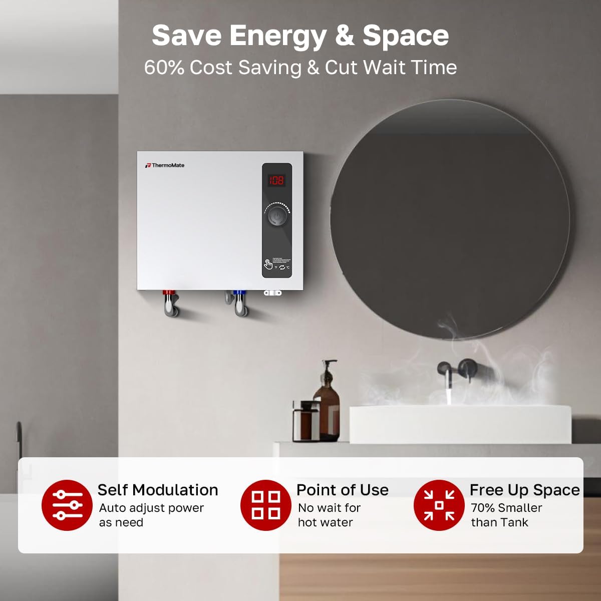 Tankless Water Heater Electric, ThermoMate 14kW 240 Volt On Demand Instant Hot Water Heater for Shower, Self-Modulating LED Display Knob Control, ETL Certified, 2.66GPM at 35°F Rise ET140