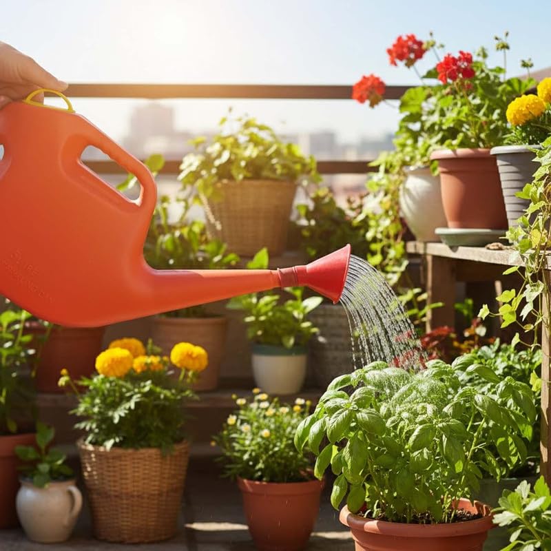 Image of Amazon Brand - Umi 5 Litre Plastic Watering Can for Plants | Garden & Indoor Plant Watering Can with Sprinkler Spout | Lightweight Watering Jug for Balcony, Home Gardening & Outdoor Use (Orange)