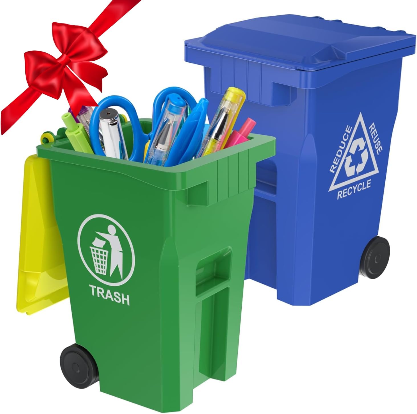 Wiosi Mini Garbage Trash Pen Holder for Desk, Pack of 2, Blue & Green, Tiny Recycle Bin Pencil Holder | Storage for Pencils & Pens | Office Stationery to Organize The Desk | Ideal for Student Work