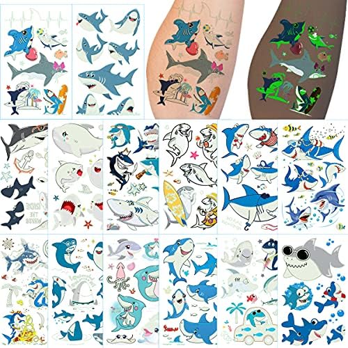 db11 Shark Temporary Tattoos for Kids Boys & Girls Birthday Party Supplies 14 Sheets, Aniuvot Cute Cartoon Ocean Under the Sea Characters Waterproof Body Stickers Baby Shower Favor Gift Bag Filler, M