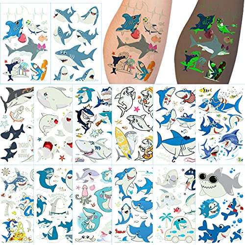 Db11 Shark Temporary Tattoos For Kids Boys & Girls Birthday Party Supplies 14 Sheets, Aniuvot Cute Cartoon Ocean Under The Sea Characters Waterproof Body Stickers Baby Shower Favor Gift Bag Filler, M #TOP1