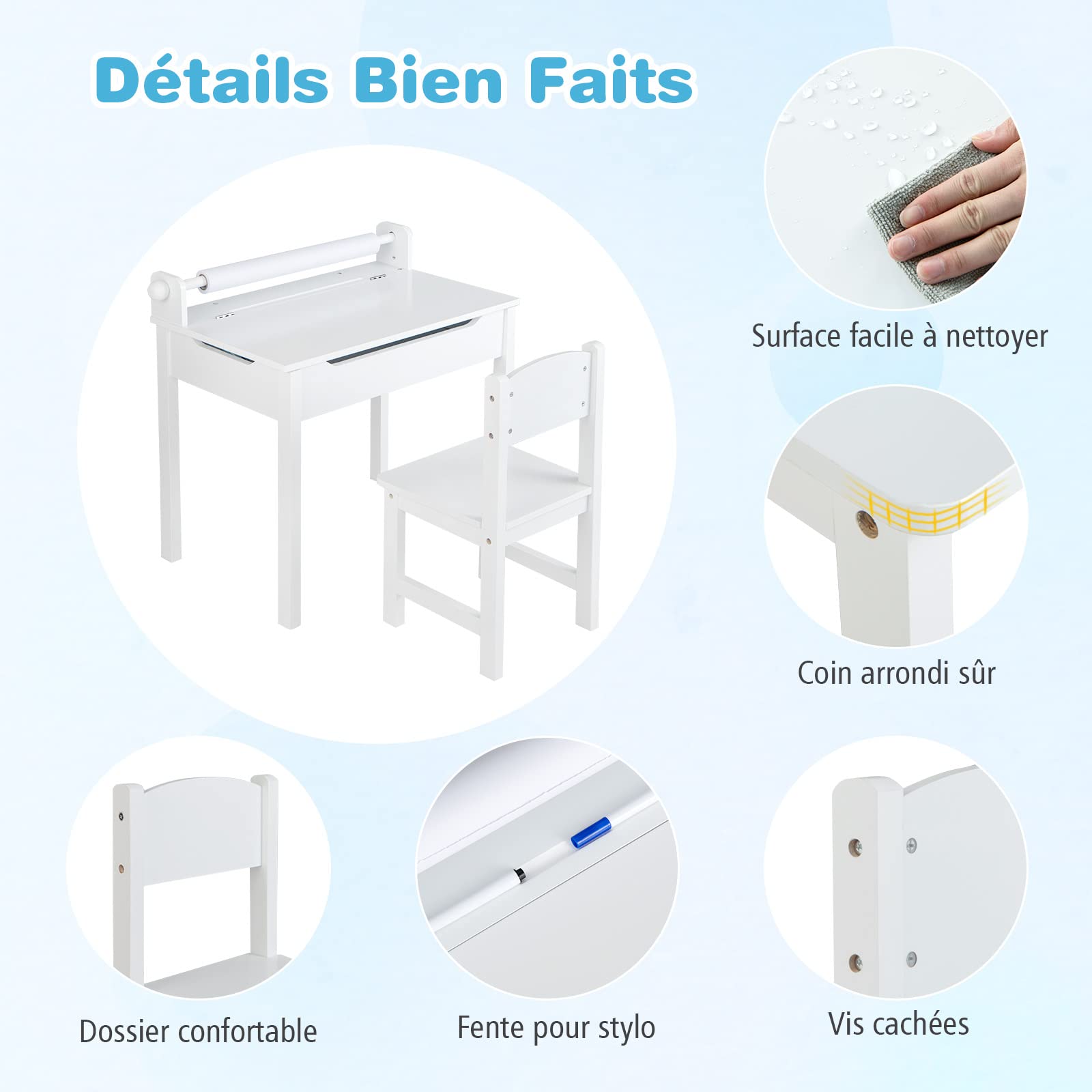 COSTWAY Bureau pour Enfants avec Tabouret & Plateau Rabattable, Table à Dessin en Pin Polyvalent avec Rouleau de Papier, Espace Caché, Poignées Découpées pour Enfants de 3 Ans+ (Blanc)