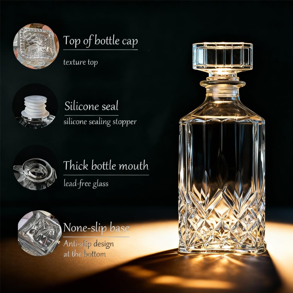 Decantador de whisky con tapón geométrico hermético, decantador de licor de 32 onzas, decantador de vidrio, botella de licor diáfano, decantador con tapa hermética para whisky, vodka, bourbon