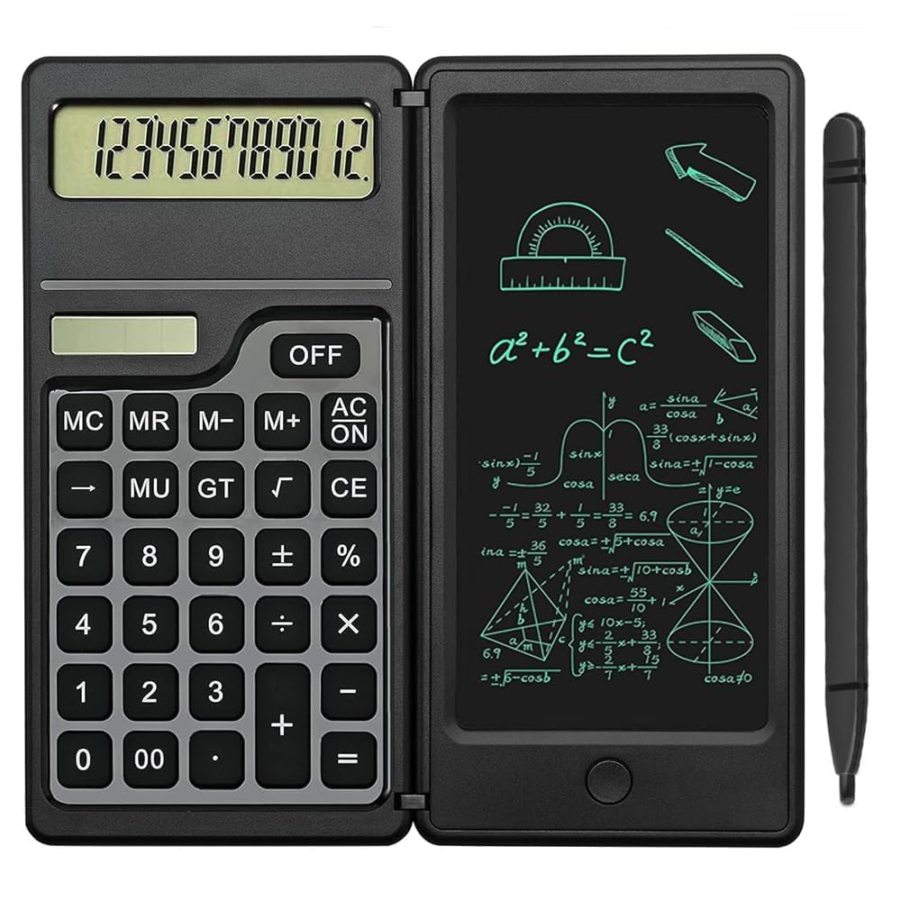 電卓付き電子メモ 計算機＆電子メモパッド2in1 電池式 ソーラー 学電卓 12桁 ワンタッチ消去 折りたたみ式 多機能 使いやすい ンパクト オフィス 学生 仕事用 ビジネス用