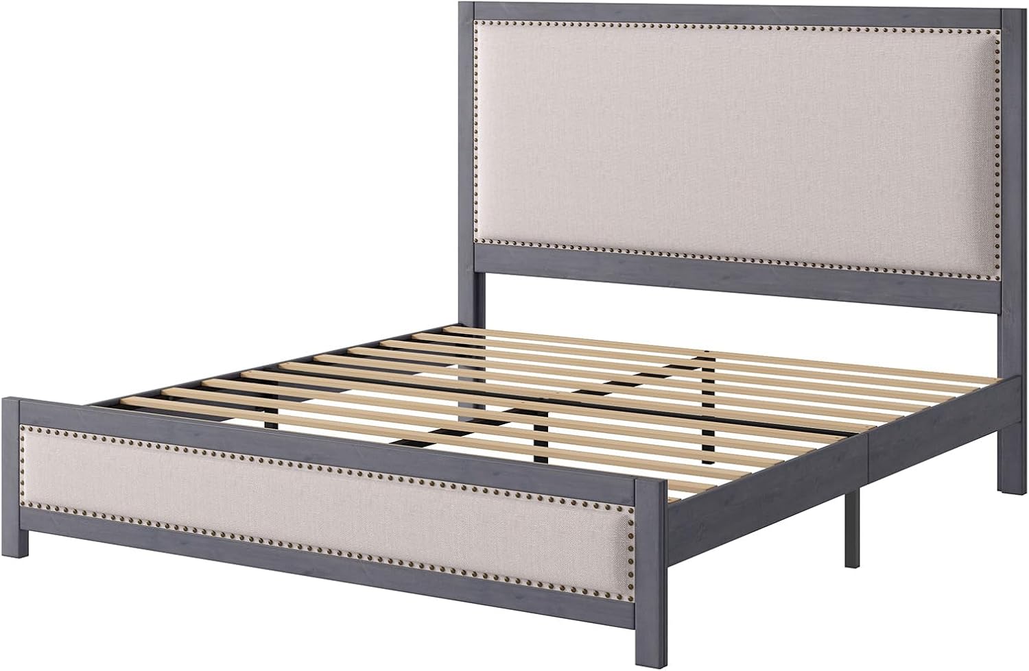 LUXOAK Rustic Wood King Size Platform Bed, Solid Wood Bed Frame with 49" Headboard, Brass Nailhead Trim, Linen Upholstered and Under Bed Storage Area, No Box Spring Needed, Blue