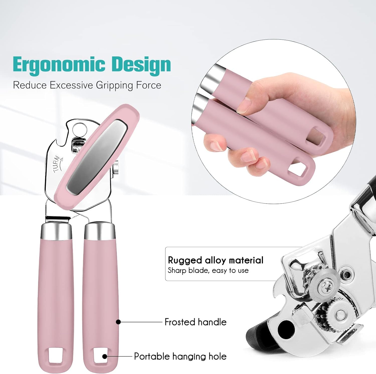Apriscatole con magnete, apriscatole manuale professionale 3 in 1, multifunzione, apribottiglie, da cucina, in acciaio inox, resistente, con bordo liscio, per cucina e anziani (6D, rosa)
