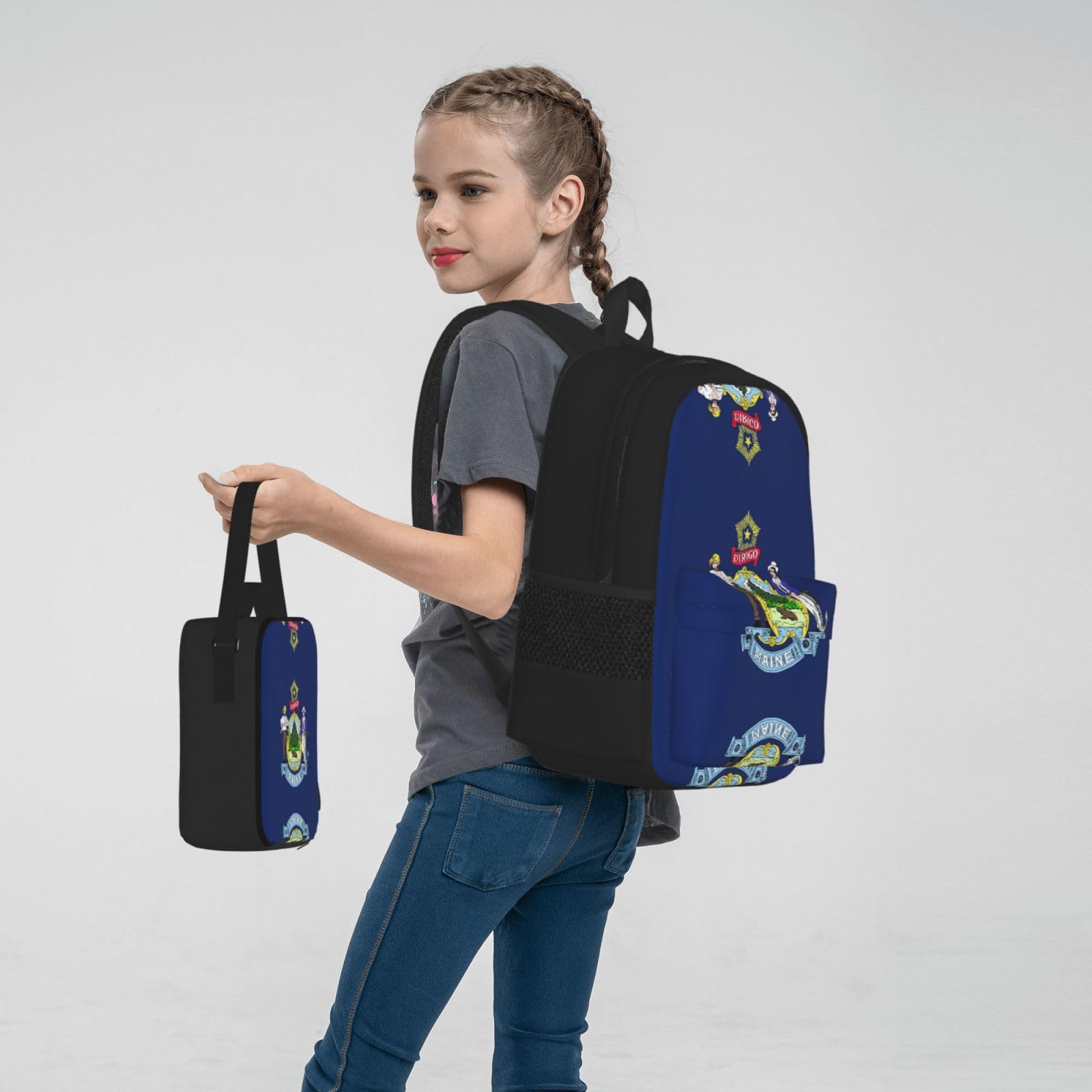 Flaga stanu Maine plecak dziecko chłopcy dziewczęta pudełko na lunch szkoła torba zestaw uczniów szkoły student prezent, Czarny, One Size, Bagaż