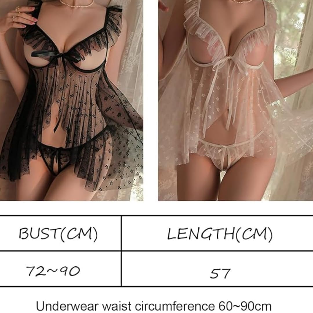 Sexy Dessous-Set für Damen, unanständiges Babydoll-Unterwäsche, Nachthemd, florale Spitze, durchscheinendes Unterhemd, vorne offen, Negligees mit G-String