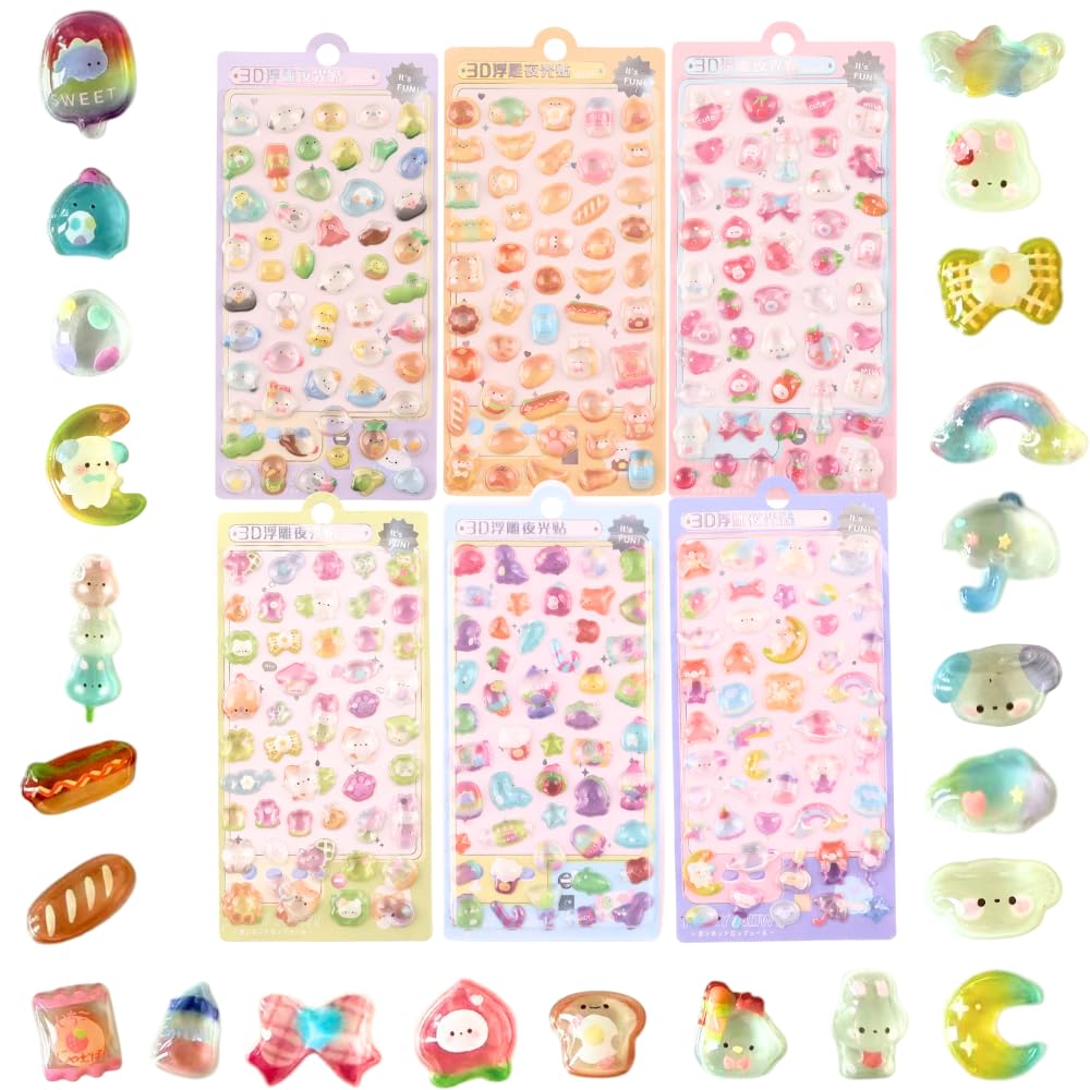 6 Sheets 3D Puffy Resin Stickers, Mini Reusable Cute Cartoon Decals Pink Bunny, Bear, Bird, Dinosaur, Dog, Cat Set for Scrapbooking, Journaling, Planner & Phone Case DIY Decoration
