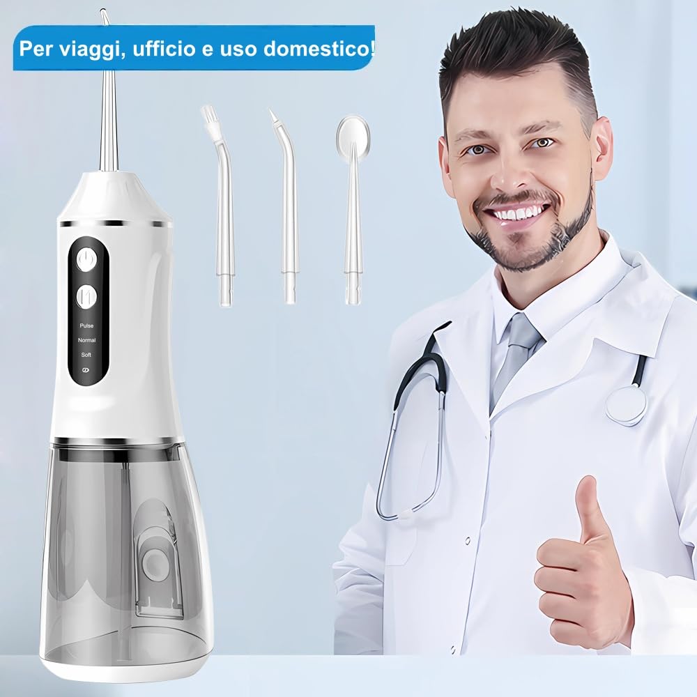 OraSmile Idropulsore Dentale Portatile Elettrico - 3 Modalità, per Uso Domestico e Viaggi