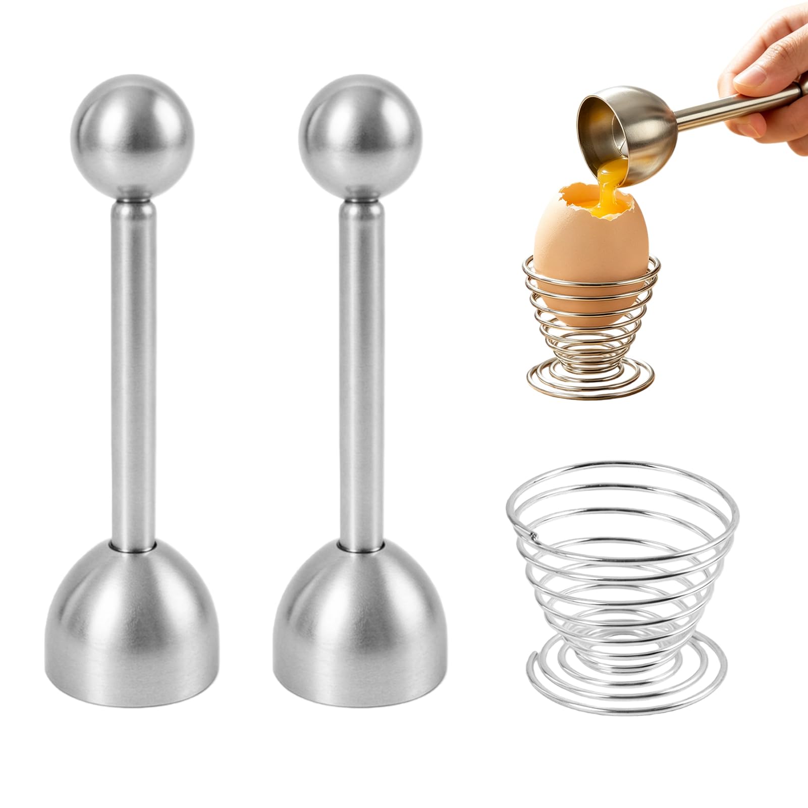 2pcs Abridor de cáscaras de huevos cocidos de acero inoxidable Incluye cortador de huevos, separador y un huevero, perfecto para huevos duros, blandos y crudos Fácil de usar