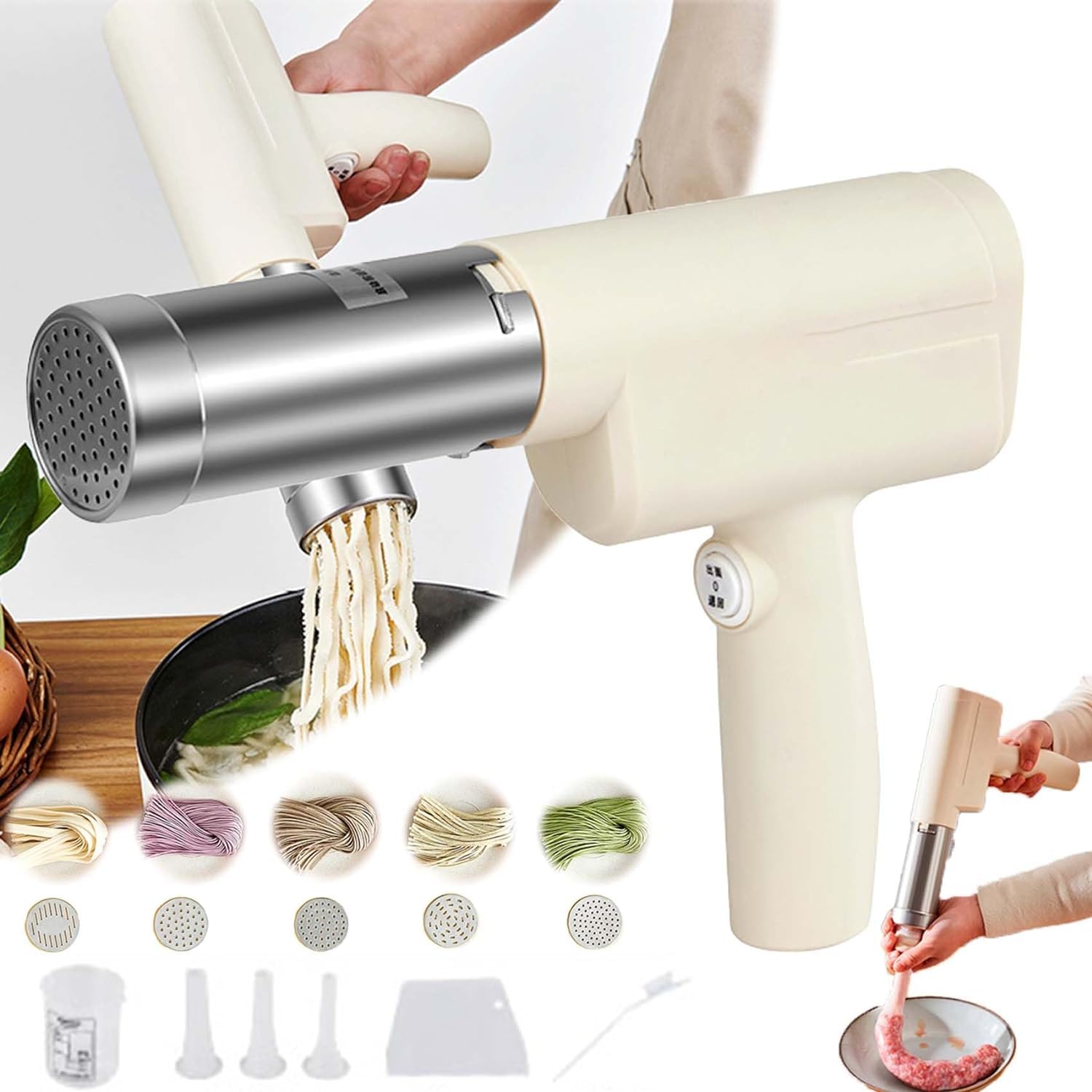 Macchina Per Pasta Portatile Elettrica, Ricaricabile, Batteria 2000mAh, 4 Stampini, Tagliatelle Larghe E Sottili - 2