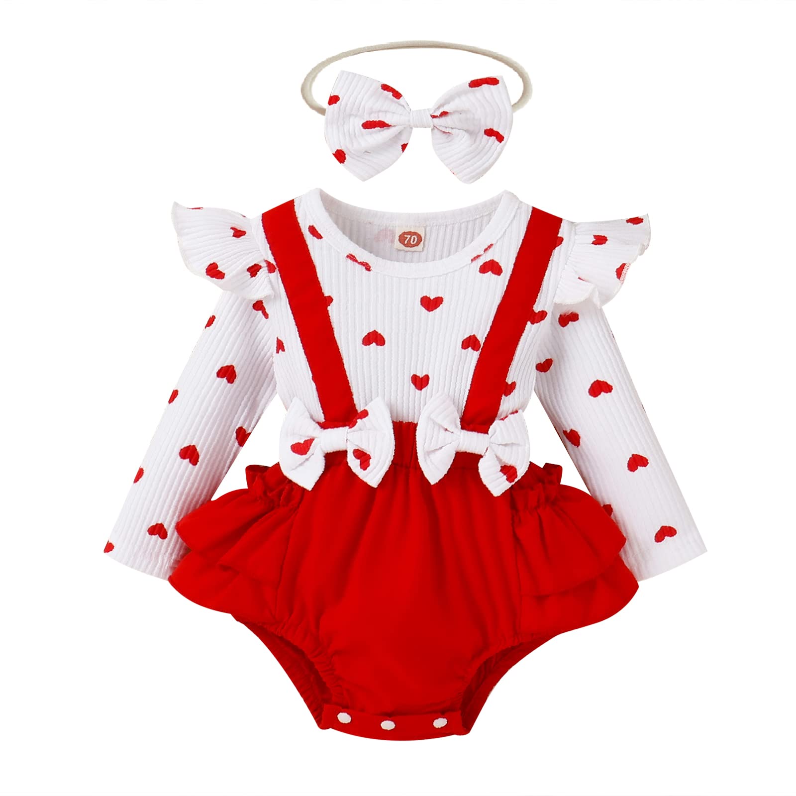 JLKGICF Infant Baby Girl Valentine 's Day Outfit Long Sleeve Top Love Heart Suspender Shorts Skirt Headband Clothes Set (Romper,0-3 Months)