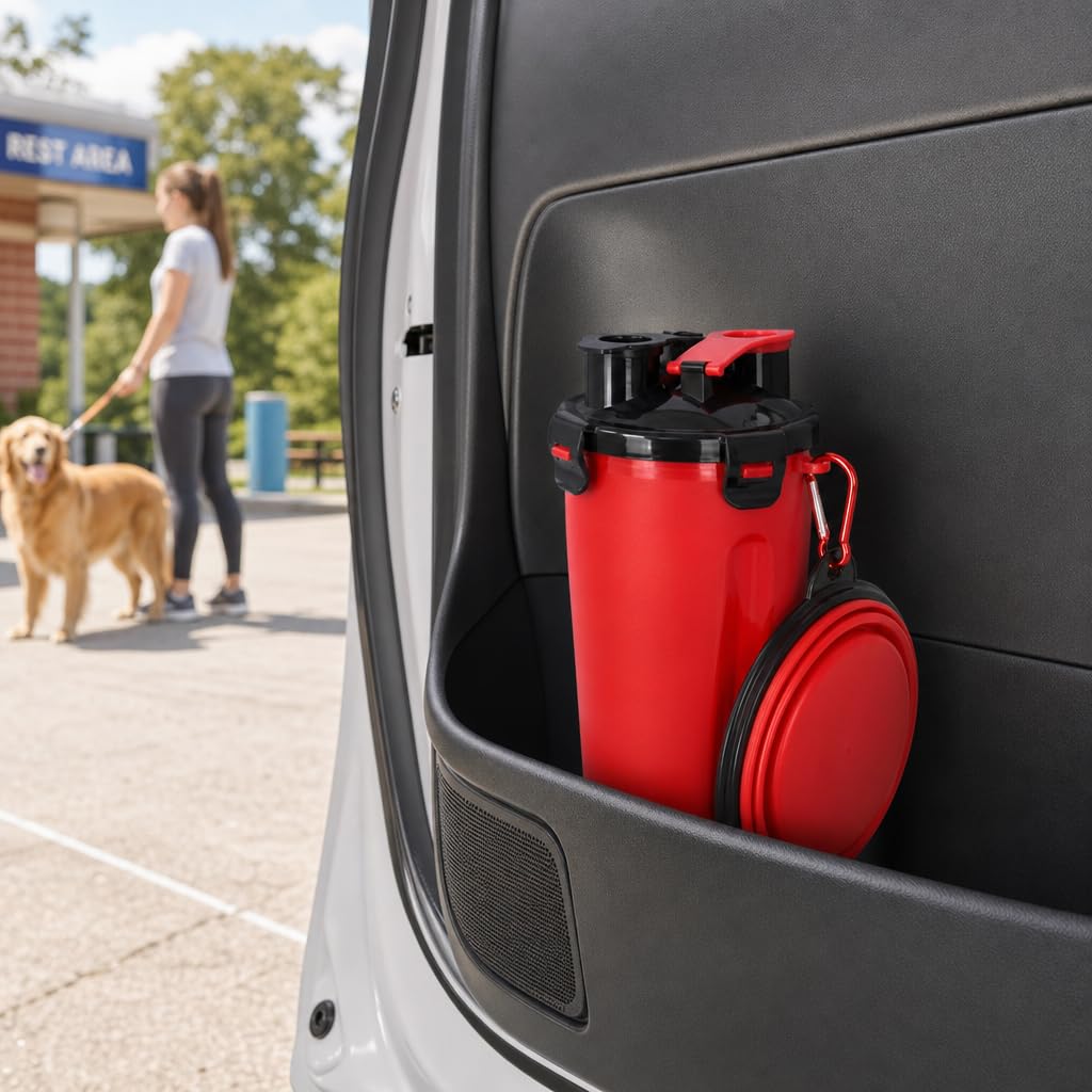 Contenitore per cani da viaggio, con 2 camere separate per acqua e cibo secco e ciotola pieghevole in silicone, 800 ml, portatile (rosso)