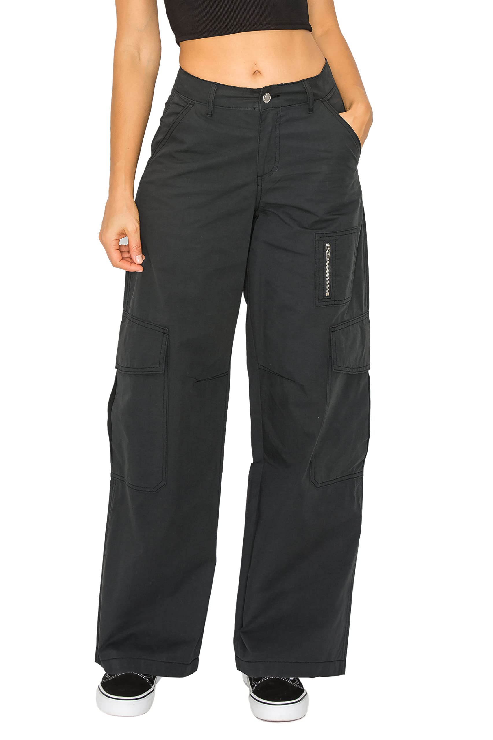 Cali1850 Womens Parachute Cargo Pants Low Rise Baggy Fit Wide Leg Multi Pockets Casual Streetwear Trousers