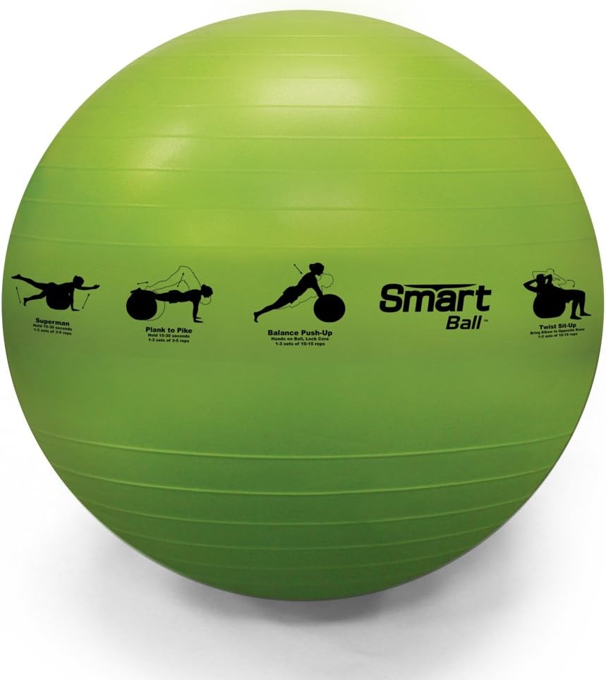 Prism Fitness65cm, Green Smart Self-Guided Stability Ball - Exercise Ball for Exercise, Yoga, Pilates, Office Ball Chair and More, 13 Exercises Printed on Ball for Easy Reference