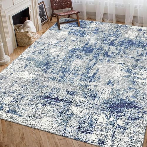 5x7 Area Rugs for Living Room, Machine Washable Vintage Rug, Non-Slip Low Pile Throw Rugs with Rubber Backing Foldable Washable Carpet for Bedroom Dining Room Home Decor, Blue