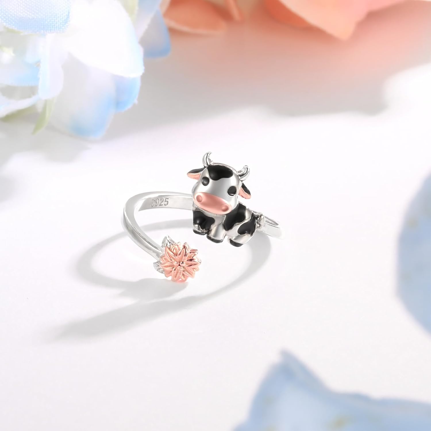 APOTIE Sterling Silver Cow Adjustable Ring - CZ Cute Farm Animal Jewelry Gifts for Women