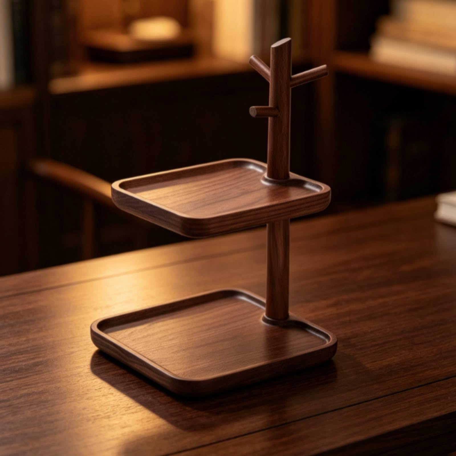 Vassoio Portachiavi in Legno di con Svemptytasche Vassoio Organizzatore Portamonete a Due Ripiani con Colonnina E Ganci per Chiavi E Anelli Adatto per Consolle d'Ingresso Comodino Tavolo