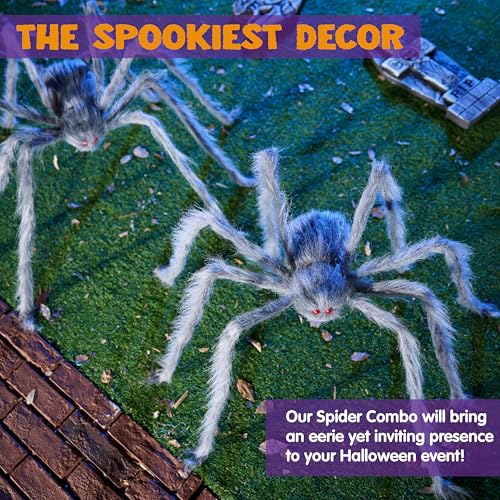 Image of JOYIN 2 Pack 5 Ft Halloween Outdoor Decorations Hairy Gray Spider, Scary Fake Giant Large Spider Haunted House Props, Halloween Lawn Porch Yard Garden Tree Decorations Party Indoor Decor