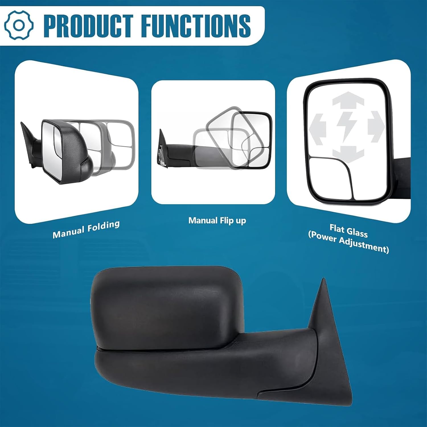 Towing Mirrors Driver Passenger Side for 1994-1997 Dodge Ram 1500 2500 3500 with Power Glass, Power Adjustable, Manual Telescopic Folding, Side Mirrors Replacement Black