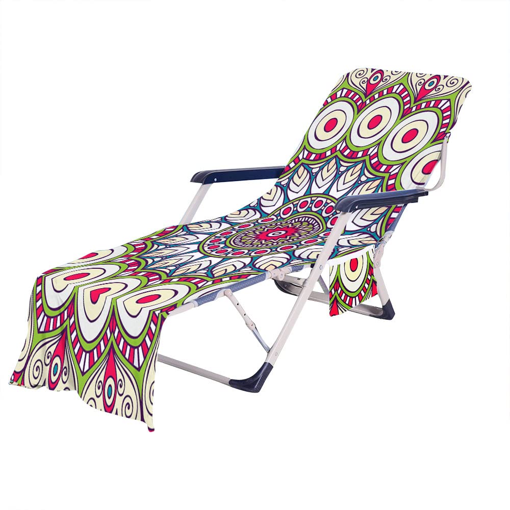 RRrawgff Beach Chair Cover Towel, Colourful Bohemian Exotics Print Beach Towel Lounger Bags with Pockets, Microfiber Sunbed Sun Lounger Towels for Summer Outdoor Garden Pool (73x210cm,A)