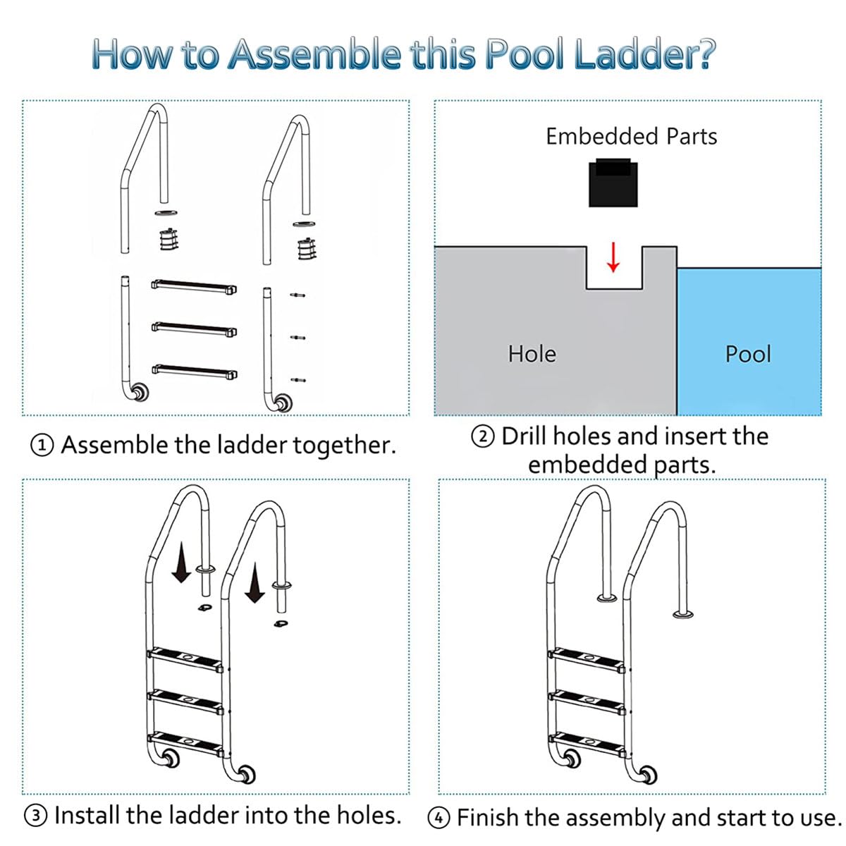 Escalera de Piscina con Pedales Resistentes al Desgaste 2/3, Escalera de Acero Inoxidable para Piscinas Interiores/Exteriores, baños Termales, Piscinas de SPA, Parques acuáticos,B-2steps