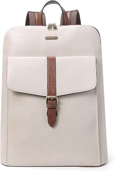 CLUCI Leather Laptop Backpack for Women 15.6 inch Computer Backpack Stylish Travel Backpack Purse for Women Work Daypack Bag Off-white with brown