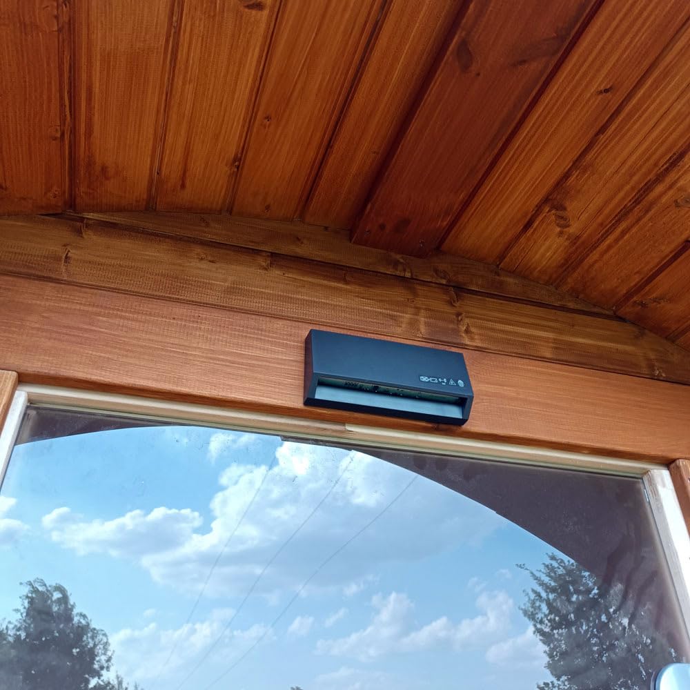 Gartensauna Fasssauna aus Holz für 4 Personen, Rund | Mit LED-Beleuchtung Außensauna für Garten & Terrasse (Dachfarbe: Braun, Anthrazit)