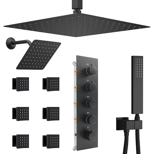 NPYSVSSS Black Shower Faucet Set Dual Shower Heads with 16" Ceiling Mounted Rain Shower Head & 6" Wall Mounted Head 4 Function Full Body Shower System with body jets,Matte Black