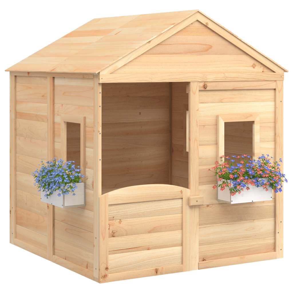Spielhaus aus Tannenholz für Kinder, Gartenhaus mit abschließbarer Tür, 2 Blumentöpfen und Fenstern, wetterfestes Holzspielhaus für den Außenbereich, 125 x 120 x 132 cm