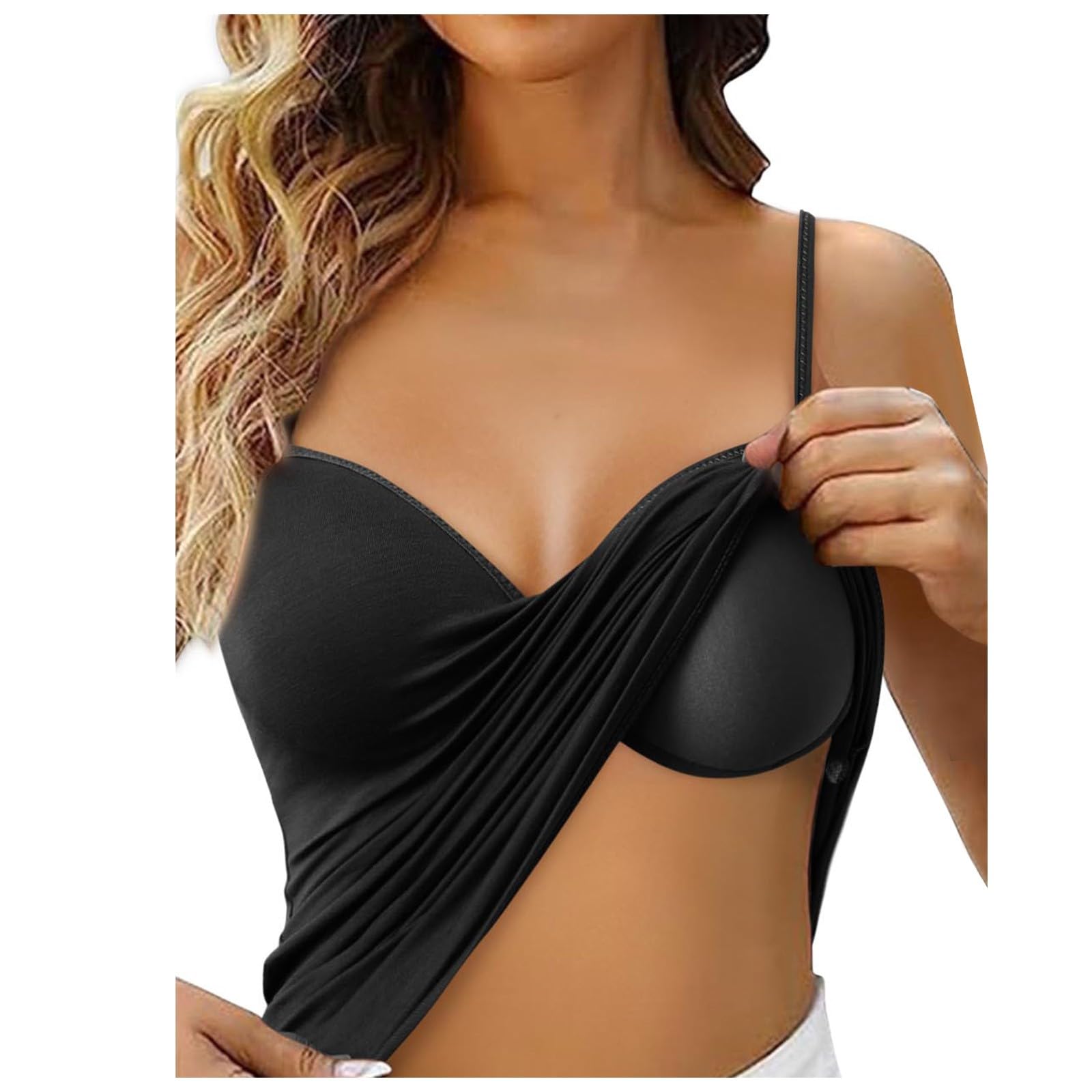 V Neck Tank Tops for Women Built in Bra with Shelf Bra Spaghetti Adjustable Wide Strap Camisole Basic
