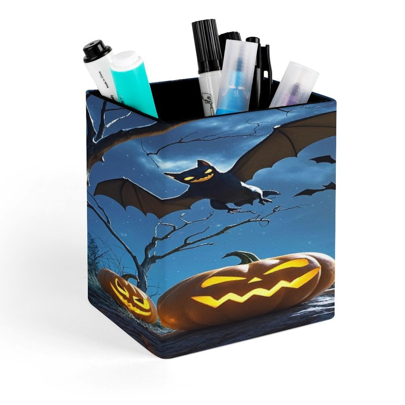 FekiLoot Bats And Pumpkins Pencil Holder for Desk Square Leather Pen Holder Cup Desktop Organizer Multi-Functional Pencil Cup Holders Modern Decorative Desk Organizer Caddy Makeup Brush Holders
