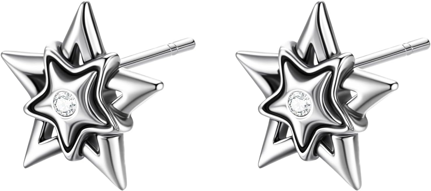 Vintage Stainless Steel Star Stud Earrings for Women,Double Star Pattern Jewelry