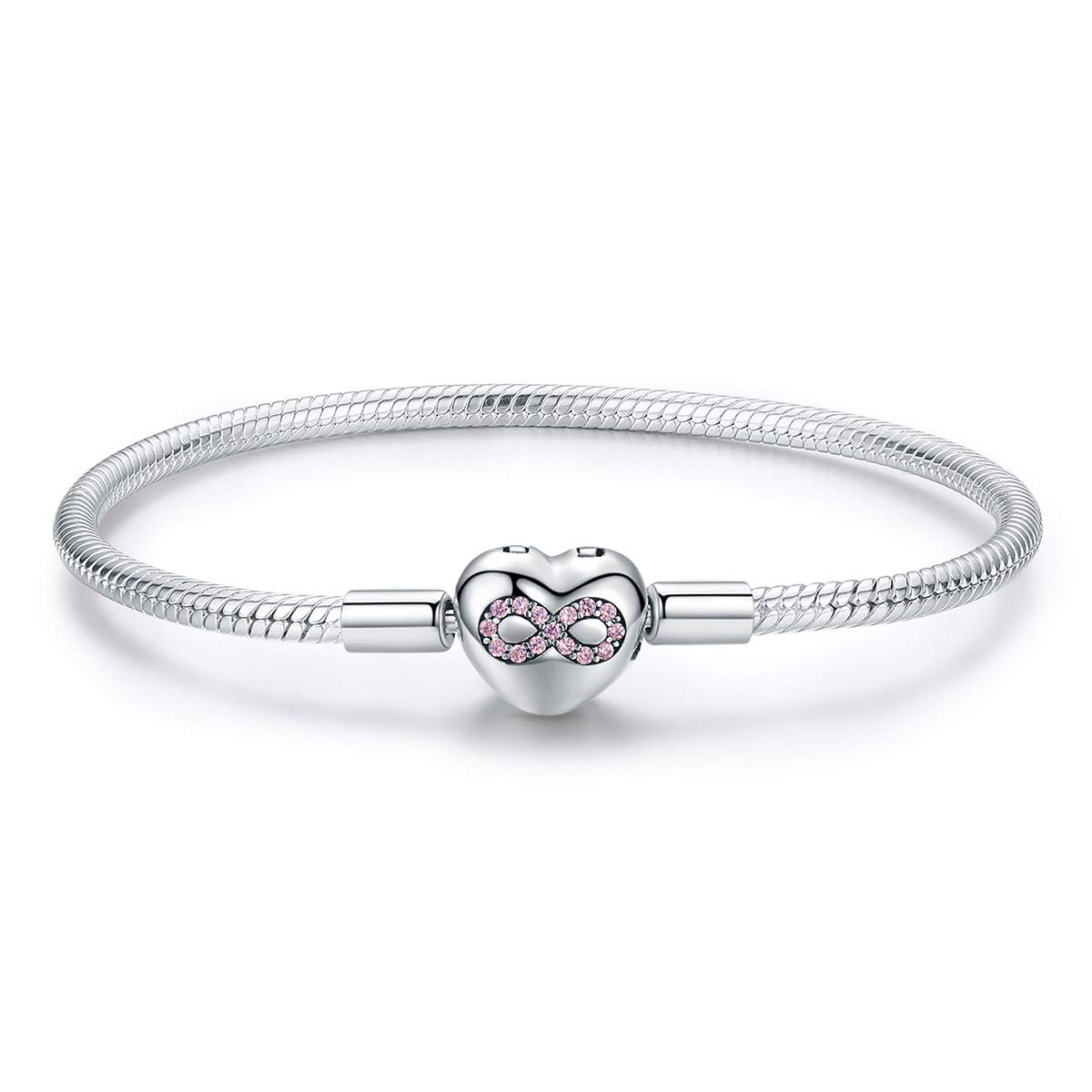 Braccialetto con ciondoli Bracciale in Argento Sterling 925 con Catena a Forma di Serpente con Cuore eterno, Chiusura Rotonda (19cm/7.5in Charm Bracelet)
