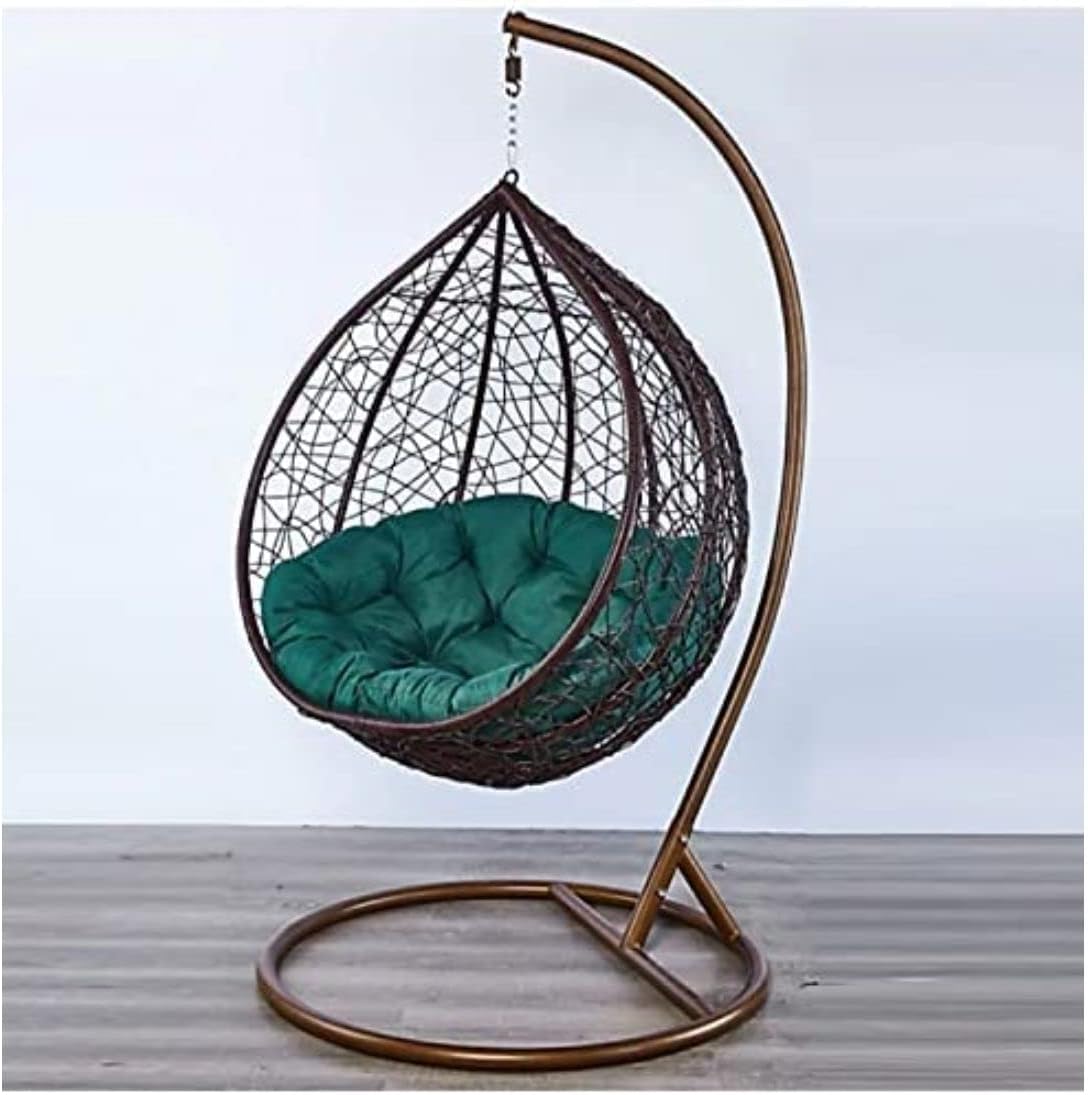 Furniture Single Seater Swing Chair with Black Stand & Green Cushion & Hook for Use Outdoor & Indoor, Rattan