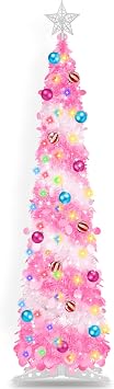 5FT Pop Up Christmas Tree with Timer 60 Warm White & Multi Color Fairy Light 3D Star 15 Ball Ornament, Pink White Tinsel Christmas Tree Slim Pencil Xmas Tree Home Office Holiday Decor Indoor Outdoor