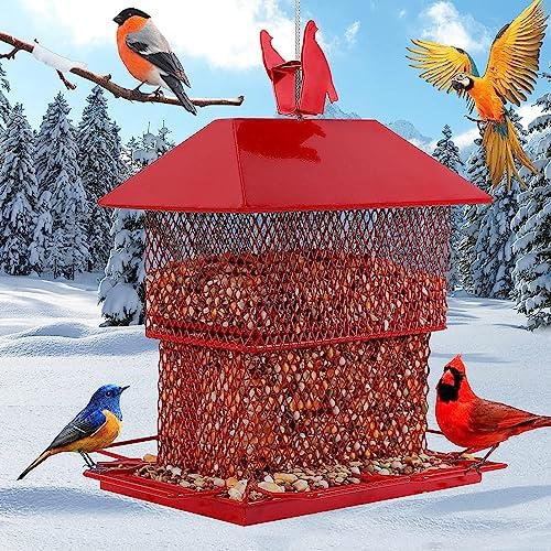 Bird Feeder for Outside Hanging Squirrel Proof Bird Feeders Metal Wild Bird Feeder Retractable Outdoor Feeder with 6 Perches for Cardinal, Finch, Chickadee, Bluebirds etc(Red)