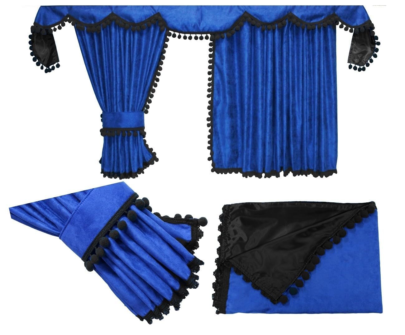 LKW Gardinen für Iveco Hi-Way, S-Way blau schwarz, Pompoms/Kugel
