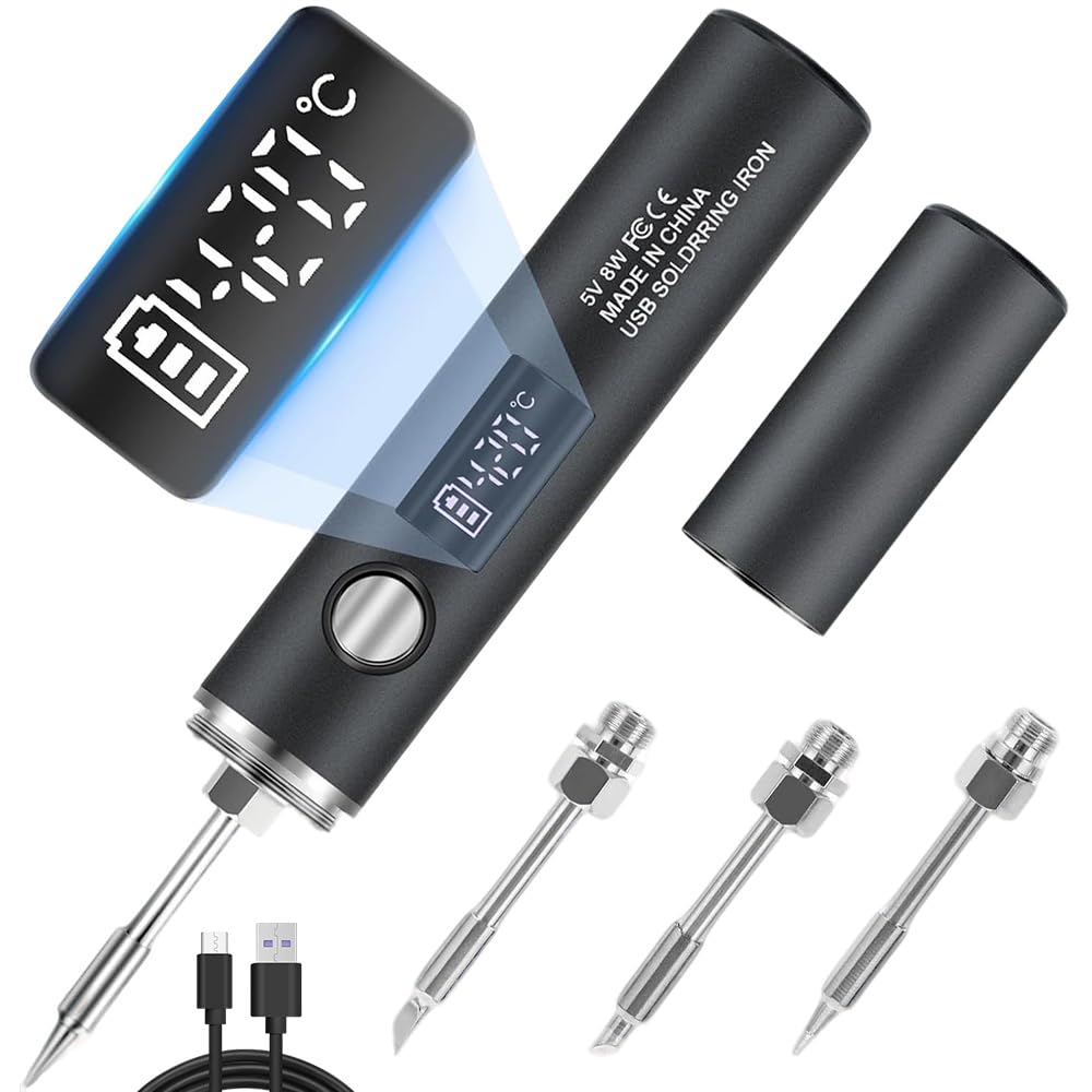 SKJJM Cordless Soldering Iron Kit, USB-C Rechargeable Soldering Iron Kit with LED, 5 Temperature Settings 260°C to 420°C, Wireless Soldering Iron Set Includes 3 Tips for DIY PCB Electronics Repair