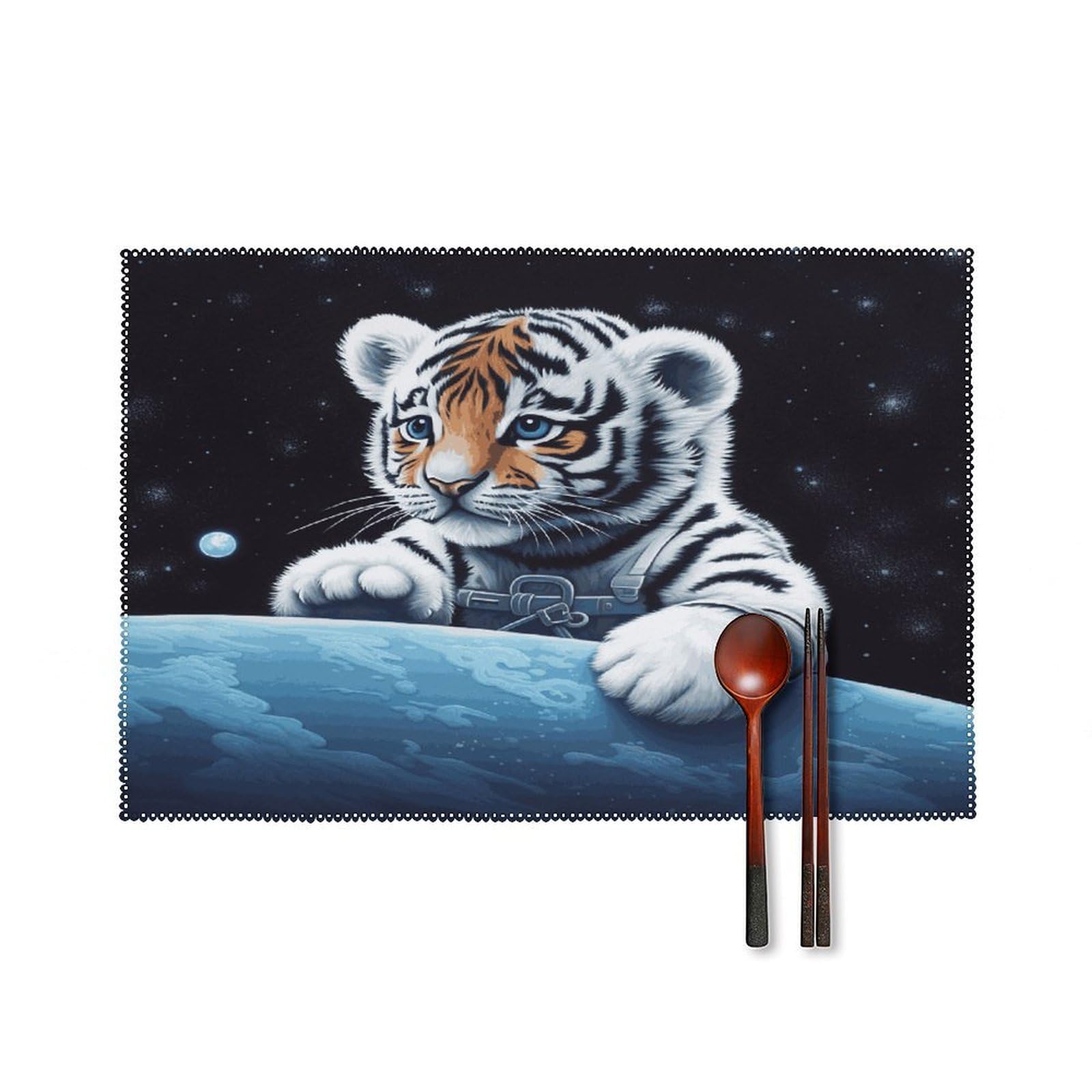 Little Tiger in Space Placemats Set of 4 Heat Resistant Non-Slip Place Mats for Dining Table Washable Placemat Wipeable Dining Table Mat Canvas Place Mats Dining Table Decor